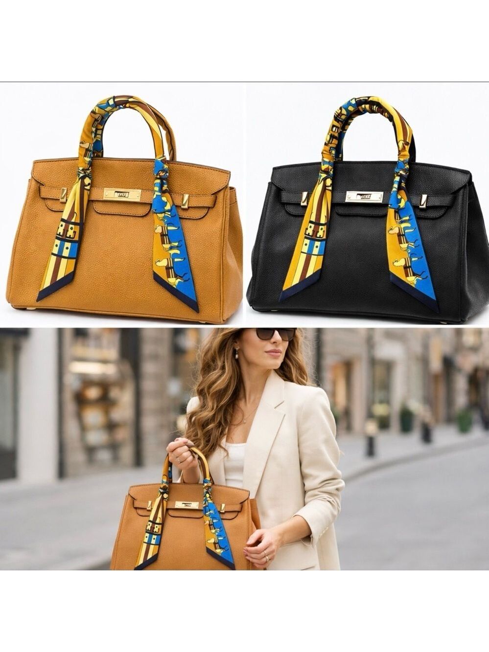 HORSE PRINT SKINNY SCARF BANDEAU BAG HANDLE WRAP FALL COLORS BLUE PUMPKIN